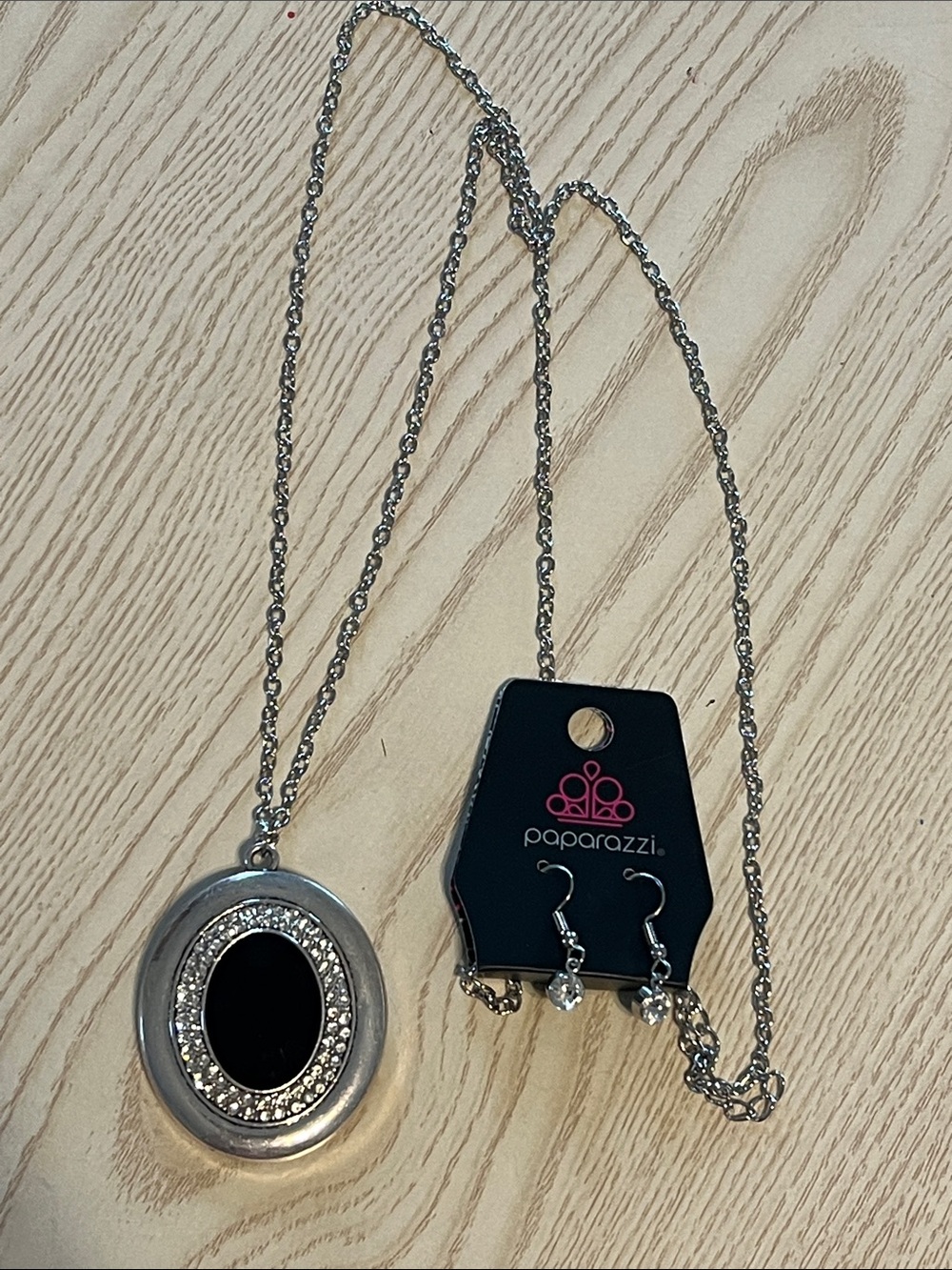 Paparazzi Silver Black Oval Pendant Necklace with Crystal Halo